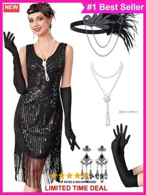 1920s Flapper Dress Sheer Beaded Sleeves Fringe Gatsby Costume Set